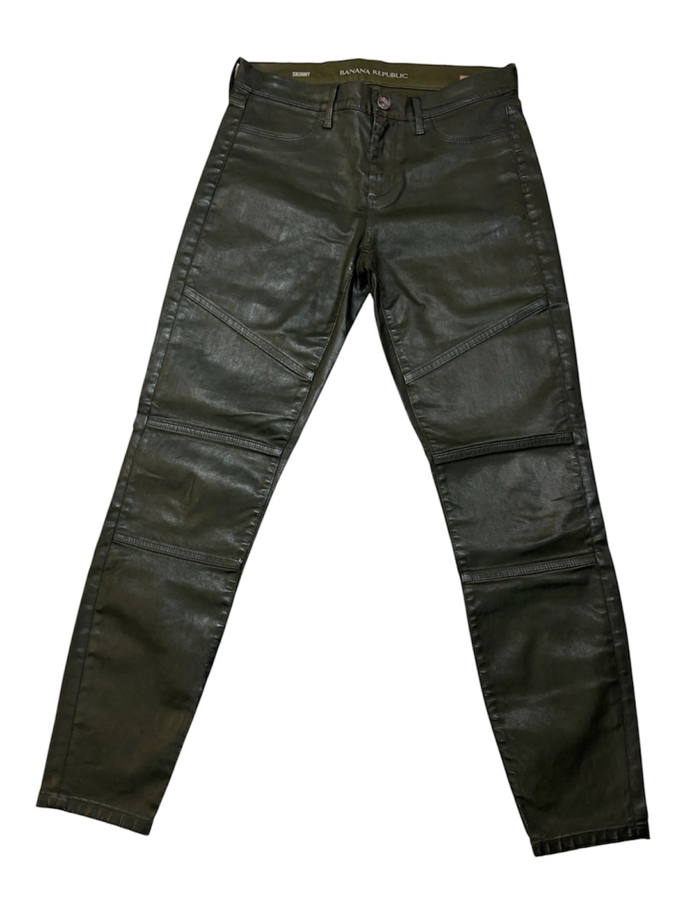Banana Republic Pants, Coated Denim, Faux Leather, Dark Green, W26, 26x28, Moto